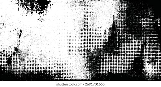 Fondo de textura de semitono gruñón con puntos de tinta negra abstracta angustiada y patrón de salpicaduras en la superficie blanca.