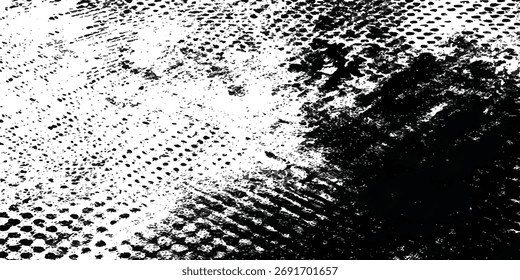 Fundo de textura de meio-tom grungy com pontos de tinta preta abstratos angustiados e padrão de splatter na superfície branca.