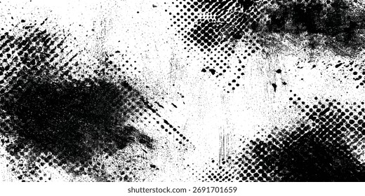 Fondo de textura de semitono gruñón con puntos de tinta negra abstracta angustiada y patrón de salpicaduras en la superficie blanca.