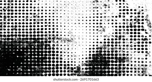 Grungy halftone texture background with distressed abstract black ink dots and splatter pattern on white surface.