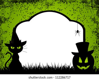 Grungy halloween background with black cat and pumpkin in front of tomb stone