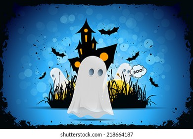 Grungy Halloween Background with Castle, Ghost and Pumpkins