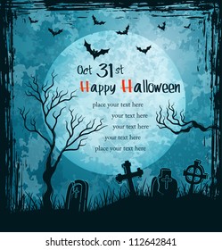 Grungy halloween background with full moon, tombstones and bats. Vector Illustration.