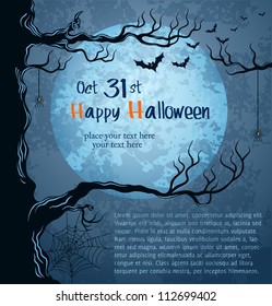 Grungy halloween background with full moon, bats and spiders. Vector Illustration.