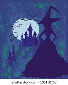 grungy Halloween background with haunted house and witch