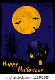 Grungy Halloween background with haunted house, bats and spider, vector illustration