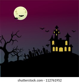 Grungy Halloween background with haunted house, bats and full moon