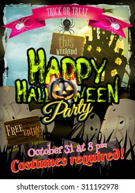 Grungy Halloween background with haunted house, bats and full moon. EPS 10 vector file included