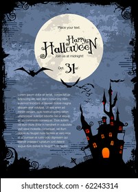 Grungy Halloween Background With Haunted House, Bats And Full Moon