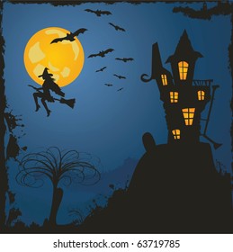 grungy Halloween background with haunted house, bats and full moon