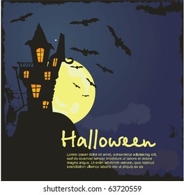 grungy Halloween background with haunted house, bats and full moon