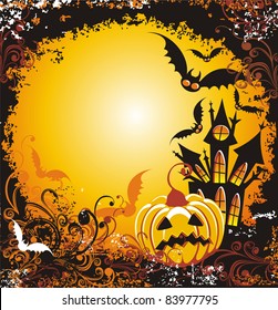  Grungy Halloween background with haunted house pumpkin and bats