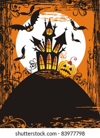 Grungy halloween background with haunted house, pumpkin, bats, and full moon