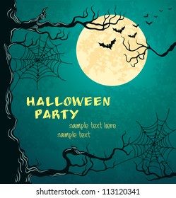 Grungy halloween background with moon, bats and spider web. Vector Illustration.