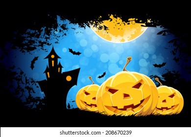 Grungy Halloween Background with Moon, Haunted House and Pumpkins