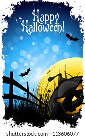Grungy Halloween Background with Pumpkin, Bats, Grass and Full Moon