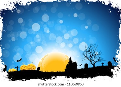 Grungy Halloween Background with Pumpkins, Bats, House and Full Moon