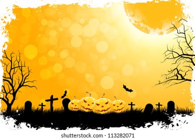 Grungy Halloween Background with Pumpkins, Bats and Full Moon