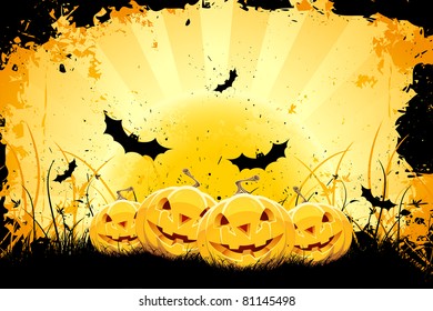 Grungy Halloween background with pumpkins  bats and full moon