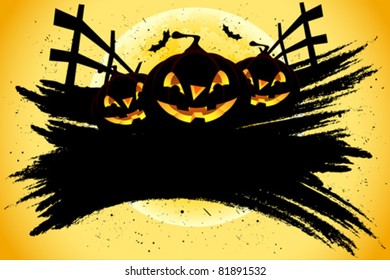 Grungy Halloween background with pumpkins  bats and full moon