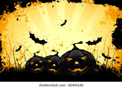 Grungy Halloween background with pumpkins  bats and full moon