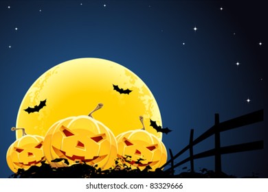 Grungy Halloween background with pumpkins  bats and full moon