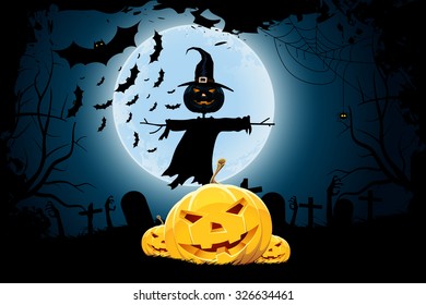 Grungy Halloween Background with Pumpkins, Graveyard, Bats and Scarecrow. Tree silhouette.