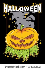 Grungy halloween background with scary pumpkins, full moon, trees and bats