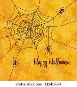 Grungy halloween background with web and spiders. Vector Illustration.