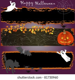 Grungy halloween banners with pumpkin, spooky and cat. vector.