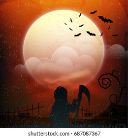 Grungy Halloween Night cloudy background with full moon and silhouette of vampire in the forest.