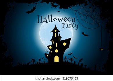 Grungy Halloween Party Background with Haunted House, Bats, Moon and Spider