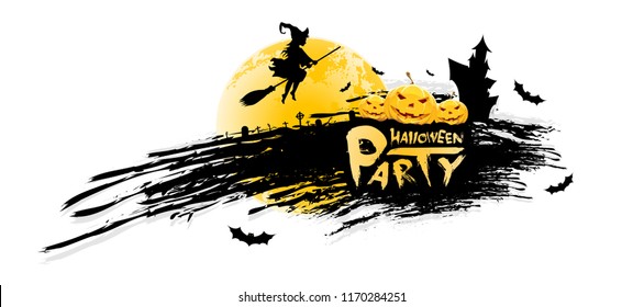 Grungy Halloween Party Background. Holiday Card with Pumpkins, Whitch, Cemetery Moon and Hauned House.