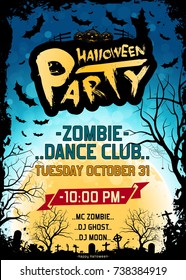 Grungy Halloween Party Poster. Holiday Card with Pumpkins, Cemetery and Big Moon. Invitation to Dance Club.