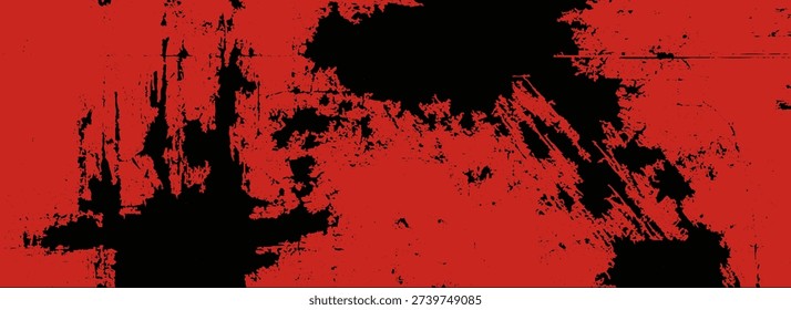 Grungy Halloween red and black background.  Creepy spooky vector hand painted ink banner bg. Sponge stamps, splatter sprinkle texture. Grunge paint stroke design.Eps10