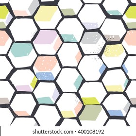 Grungy and hand drawn seamless pattern design with sloppy hexagonal shapes, dots in a cool color palette, repeating vector background for all web and print purposes