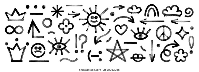 Grungy hand-drawn doodle set. Punk style marker brushstroke black shapes, lines, eye, arrows, star, smile. Clouds, heart, flower. Question and exclamation marks. Bold graffiti chalk squiggle elements