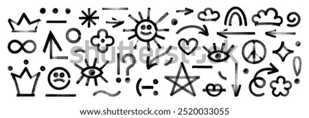 Grungy hand-drawn doodle set. Punk style marker brushstroke black shapes, lines, eye, arrows, star, smile. Clouds, heart, flower. Question and exclamation marks. Bold graffiti chalk squiggle elements