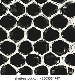 A grungy, hand-drawn honeycomb pattern in black and white, seamless pattern.