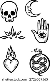 Grungy handgezeichnete Vektorgrafiken, die mystische Symbole wie Schädel, Halbmond, Hamsa-Hand, flammendes Herz, Schlange und Kristallformen zeigen, perfekt für spirituelle und okkulte de
