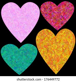 Grungy hearts set on a black square background