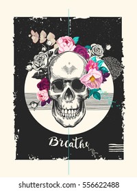 Calavera gruesa con corona de rosa, cinta con palabra Respirar y formas geométricas de diferentes texturas en el fondo. Ilustración vectorial moderna en estilo pop para la impresión de camisetas, volante, afiche.