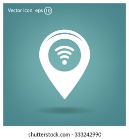 Grungy icon with map pointer with wi-fi symbol, on beige background