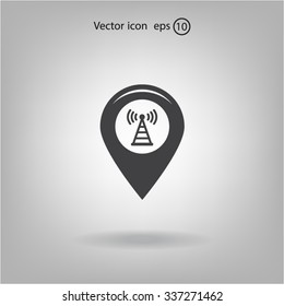 Grungy icon with map pointer with wi-fi symbol, on beige background