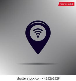 Grungy icon with map pointer with wi-fi symbol, on beige background