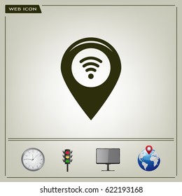 Grungy icon with map pointer with wi-fi symbol, on beige background
