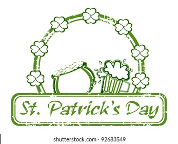 A grungy illustration with beer mug,cauldron and text for st. Patrick's day. vector