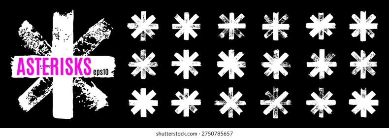 Grungy ink brush asterisks. Vector brush-painted star set. Hand-sketched asterisk shapes, crayon doodle sparks. Rough pencil strokes. Textured winter snow icons. Organic grunge effect star pattern bg