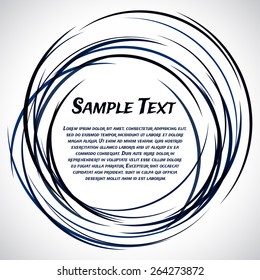Grungy ink doodle frame for text. Dark blue lines like ink on a light background. Vector background for inscriptions. 
Figure is similar to a whirlpool or a tornado.