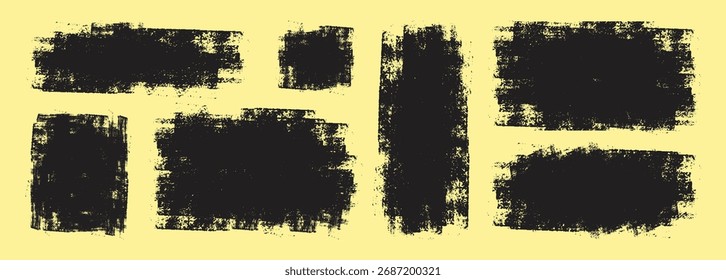 Colección de textura de rectángulo de sello de Grungy Linocut. Superposiciones de tinta áspera. Grabado hecho a mano y efecto tipografía.  Rodillo de tinta texturas de tipografía vintage con bordes ásperos.